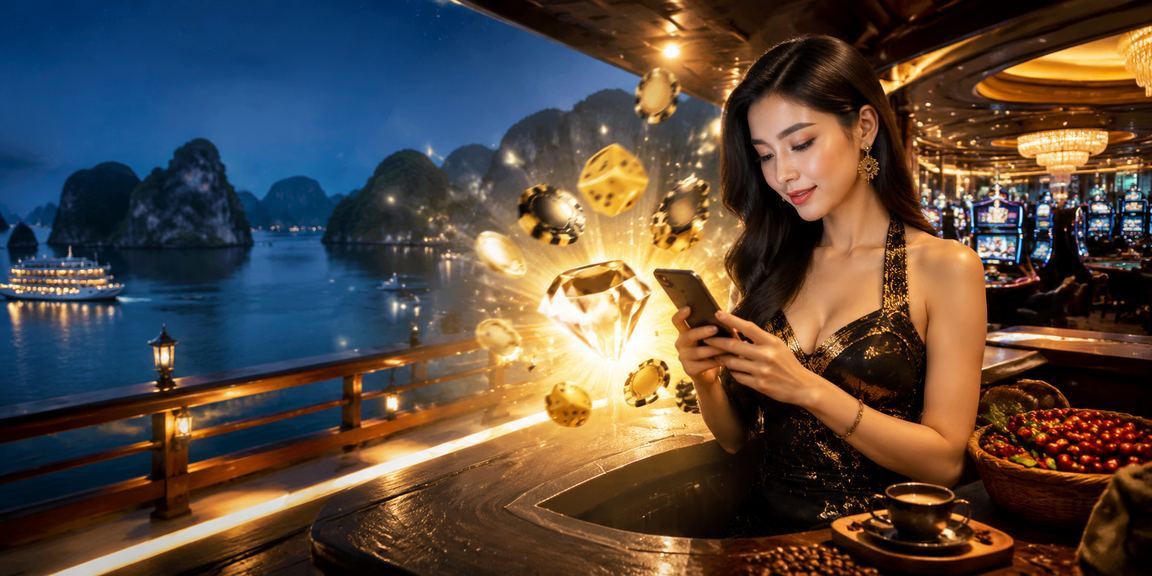 Người dùng Vịnh Hạ Long uống cà phê và trải nghiệm casino mobile trên điện thoại