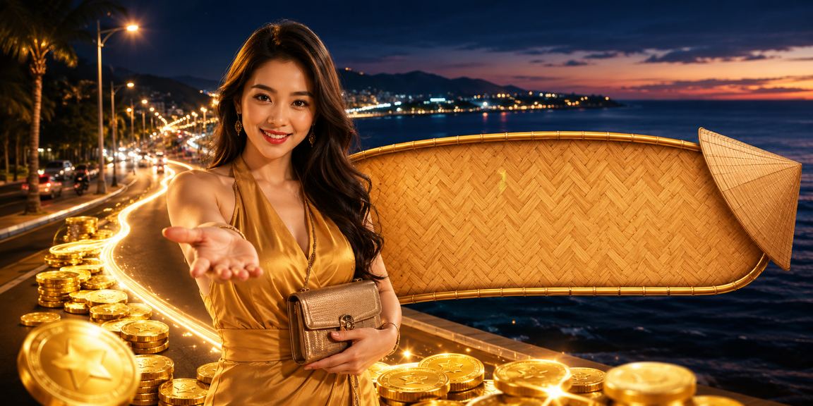 Cảnh Phan Thiết với nón lá và không khí nhận thưởng cashback sống động